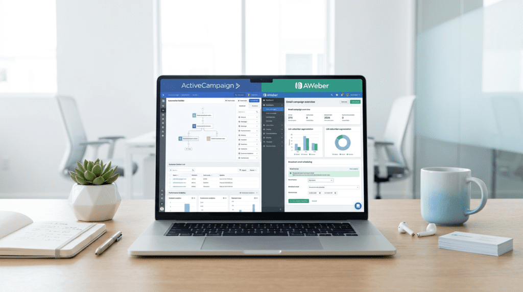 Activecampaign Vs Aweber hero image with email marketing dashboards