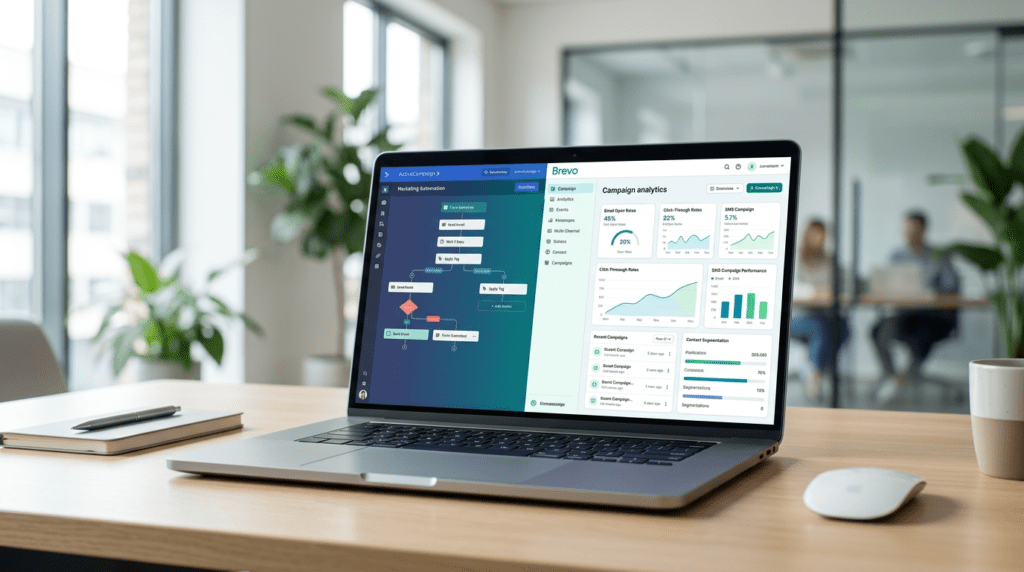 Activecampaign Vs Brevo comparison hero image with email marketing dashboard
