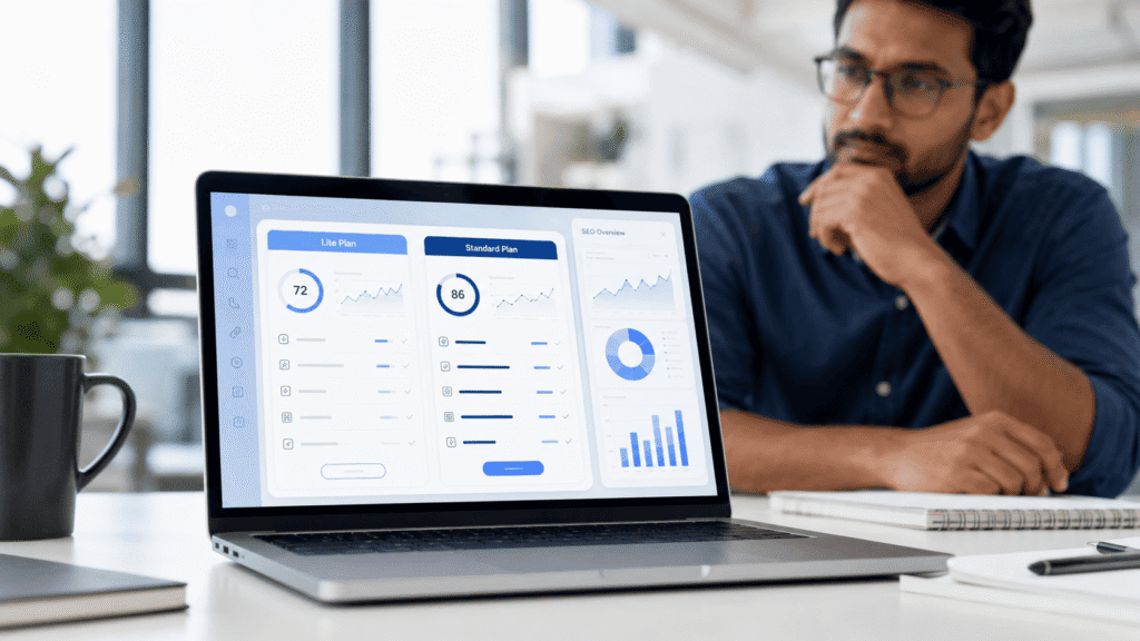 A modern laptop displaying a comparison dashboard for Ahrefs Lite vs Standard plans in a professional workspace.