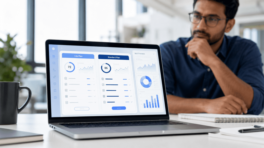 A modern laptop displaying a comparison dashboard for Ahrefs Lite vs Standard plans in a professional workspace.