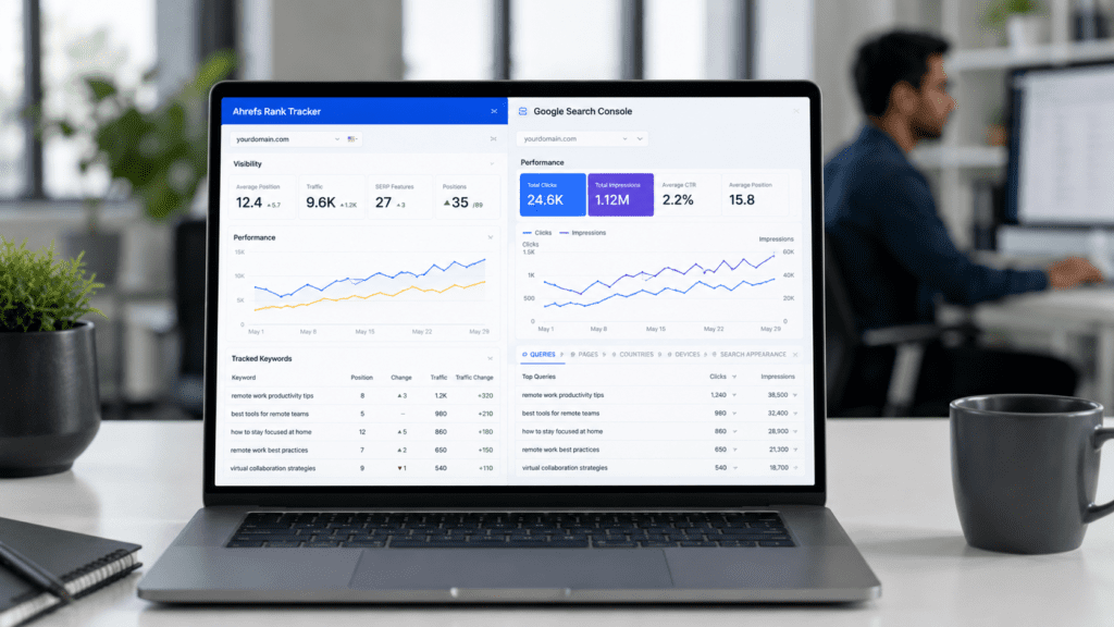 Laptop screen comparing Ahrefs Rank Tracker Traffic Vs Google Search Console dashboards for SEO data analysis.