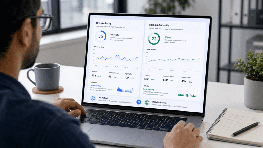 Professional workspace with a laptop comparing Ahrefs UR vs DR metrics on a clean dashboard.