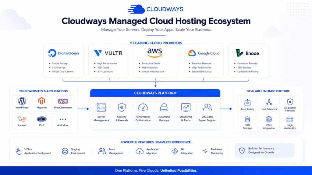 Cloudways managed cloud hosting ecosystem with AWS Google Cloud DigitalOcean and Vultr