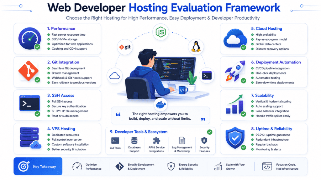 Web hosting evaluation framework for developers showing performance deployment automation and scalability