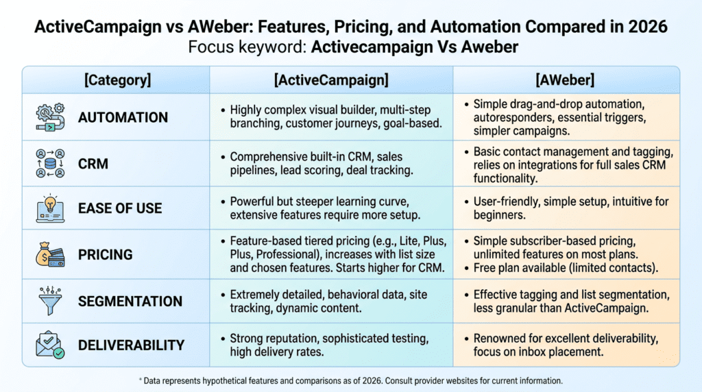 Activecampaign Vs Aweber side-by-side comparison infographic