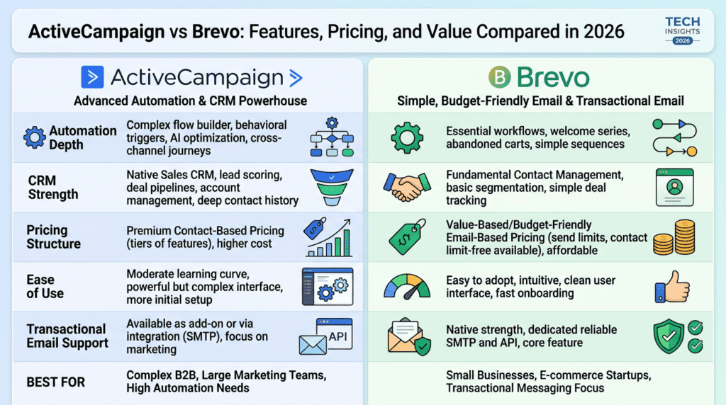 Activecampaign Vs Brevo side-by-side comparison infographic