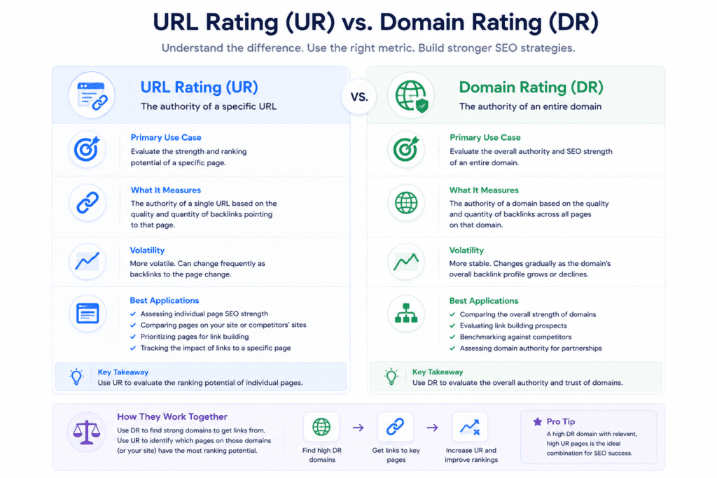 Infographic comparing Ahrefs UR vs DR, detailing their use cases and characteristics.