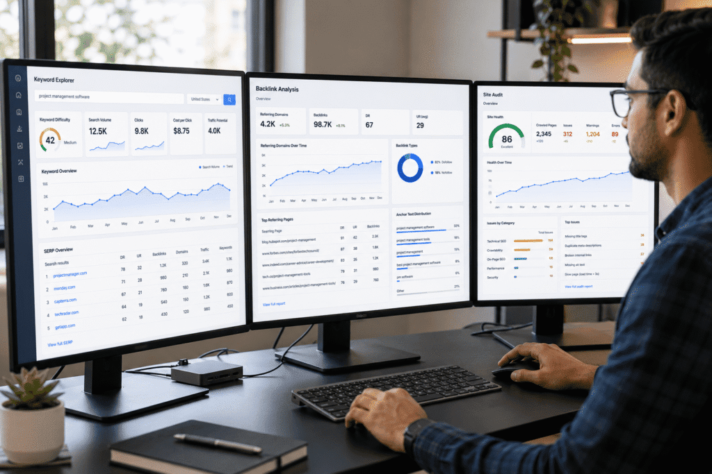 Multi-monitor setup showcasing Ahrefs' keyword research, backlink analysis, and site audit features.