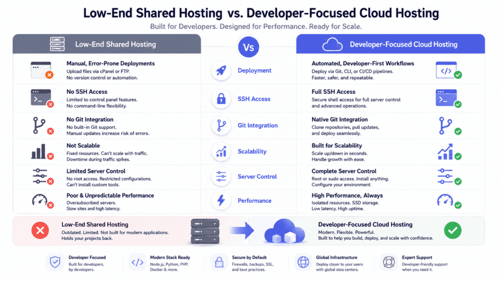 Low end shared hosting versus developer focused cloud hosting comparison chart