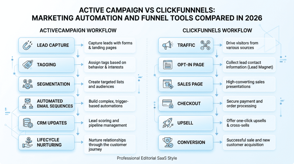Activecampaign Vs Clickfunnels workflow diagram for automation and funnels