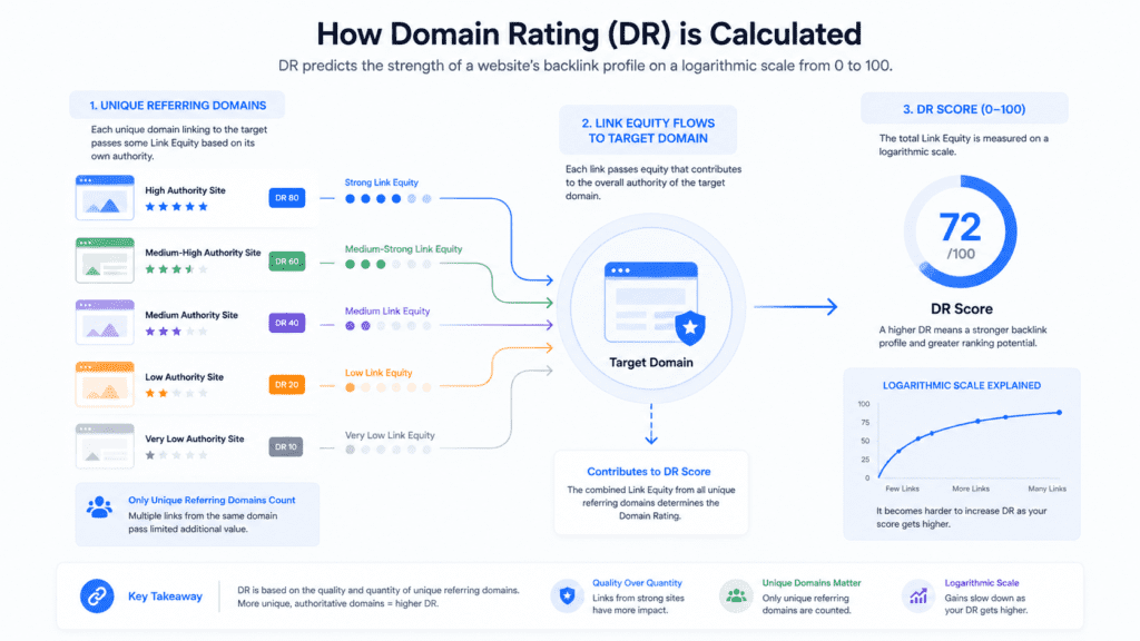 Diagram illustrating how Ahrefs Domain Rating (DR) is calculated from referring domains.