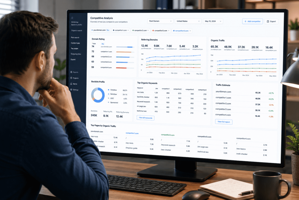 SEO analyst reviewing a comprehensive competitive analysis dashboard, representing Ahrefs' capabilities.