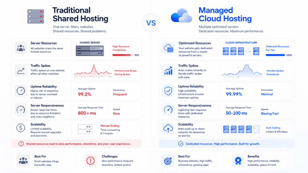 Traditional shared hosting vs managed cloud hosting performance comparison infographic