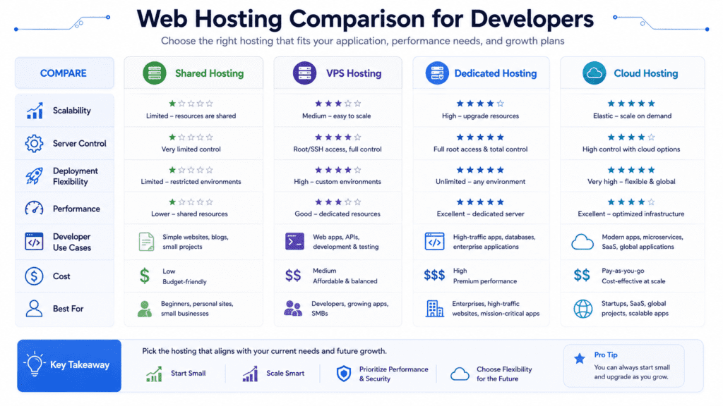 Shared VPS dedicated and cloud hosting comparison for developers