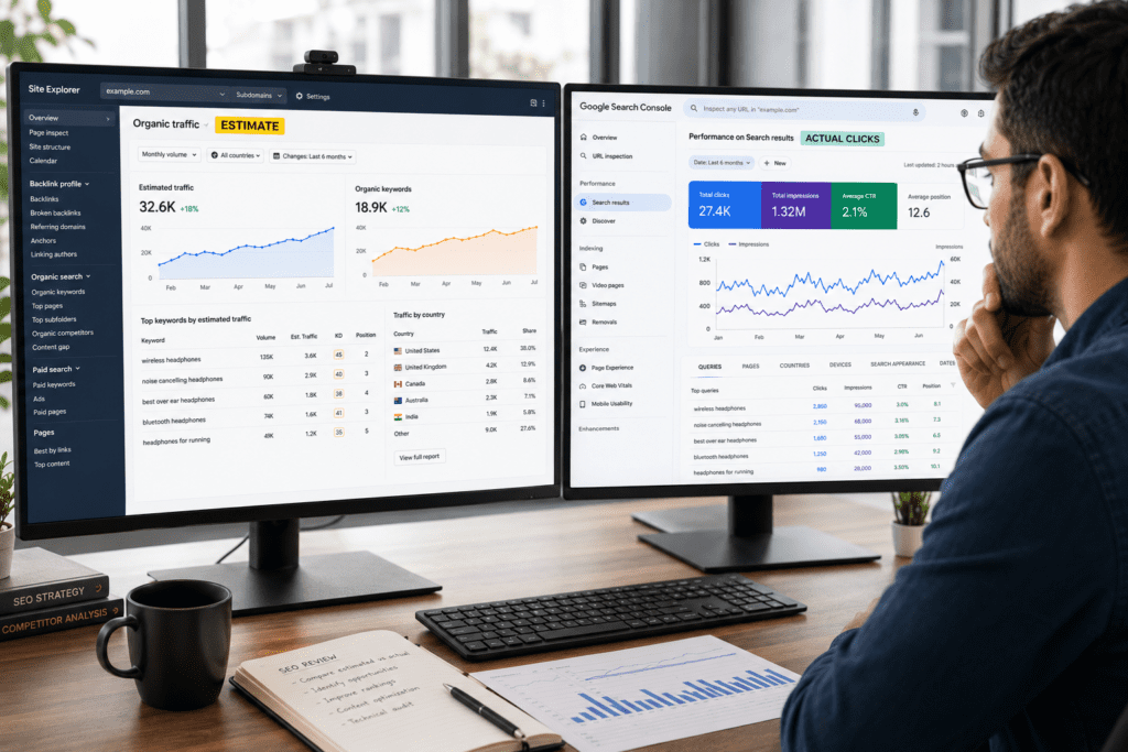 Two monitors showing Ahrefs estimated organic traffic and Google Search Console actual clicks data.