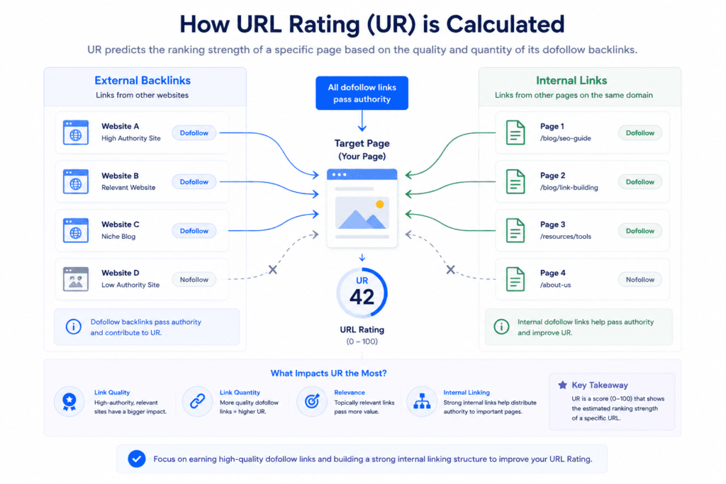 Diagram illustrating how Ahrefs URL Rating (UR) is calculated from internal and external links.