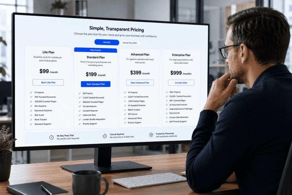 Professional reviewing Ahrefs' pricing plans, including Lite at $99/month and Standard at $199/month.