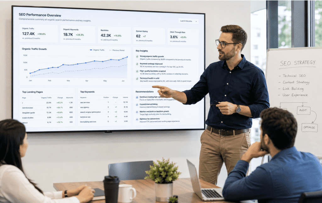 SEO consultant presenting strategic insights from an analytics dashboard, demonstrating Ahrefs' value.