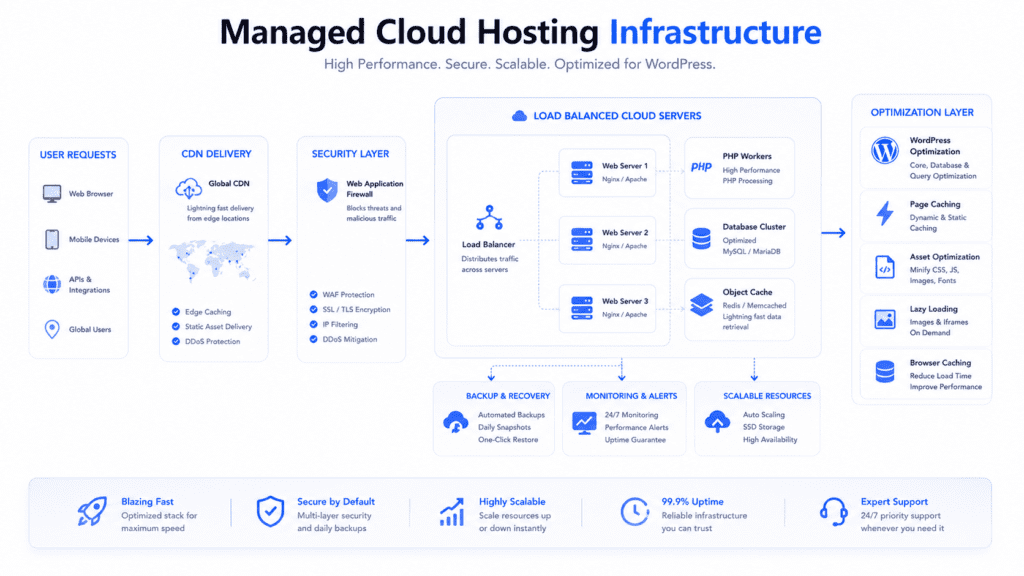 Managed cloud hosting infrastructure with CDN security load balancing and caching