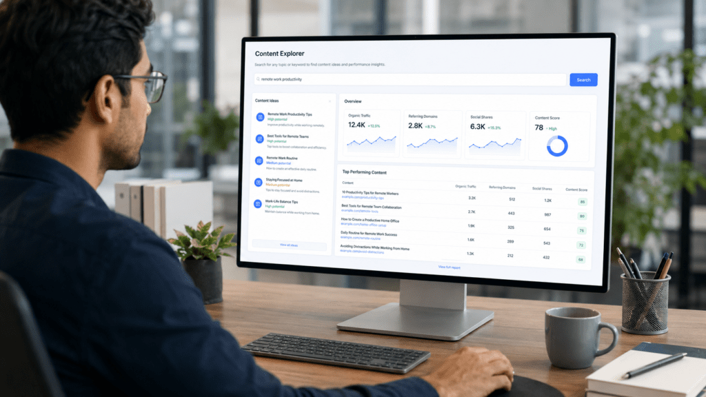 A professional using a desktop computer displaying a generic 'Content Explorer' dashboard for content strategy and analysis.
