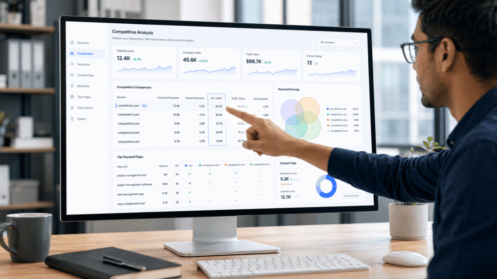 Ahrefs-like dashboard showing competitor analysis with keyword rankings and traffic estimates.