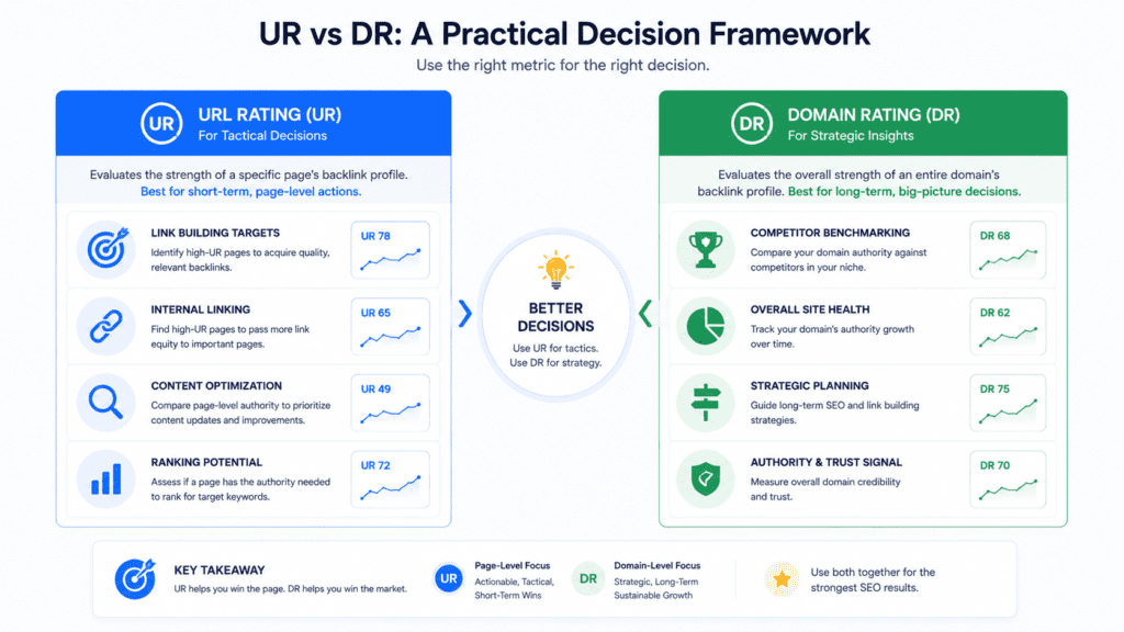 Decision framework infographic for using Ahrefs UR vs DR in SEO strategy.