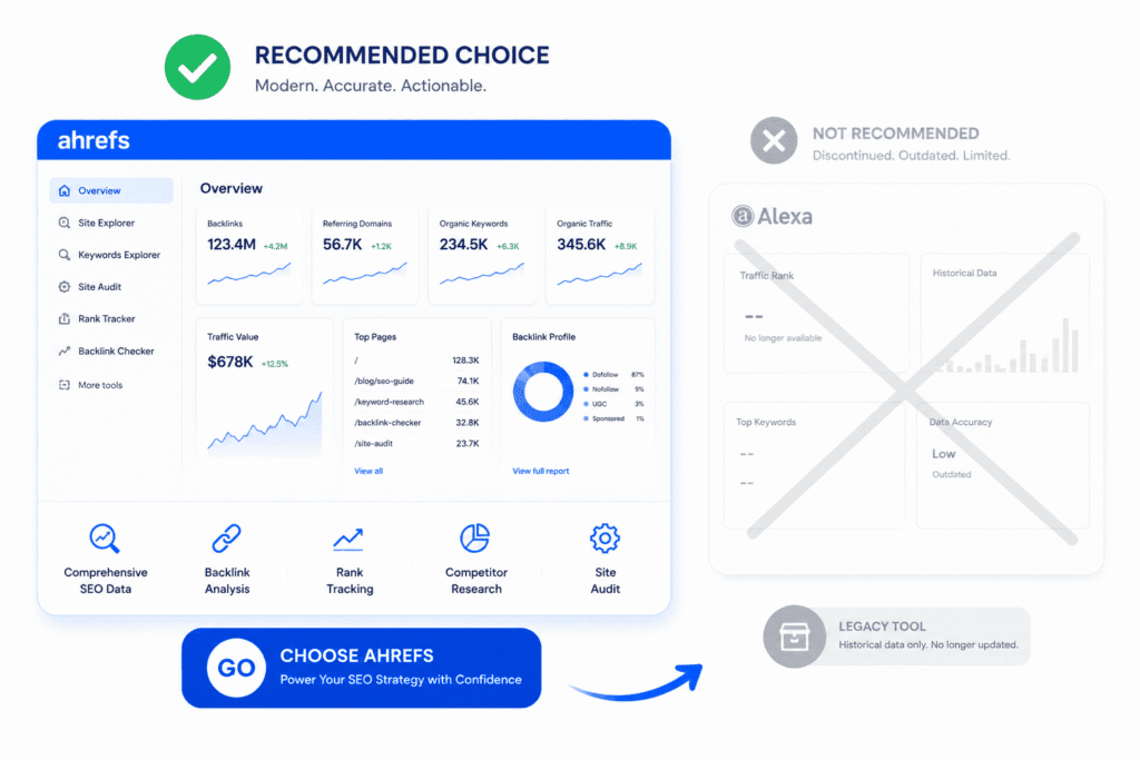 Visual recommendation for Ahrefs as the clear SEO tool choice, with Alexa's defunct status indicated.