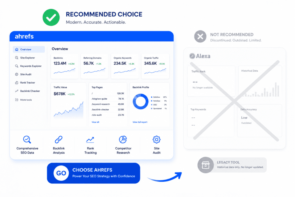 Visual recommendation for Ahrefs as the clear SEO tool choice, with Alexa's defunct status indicated.