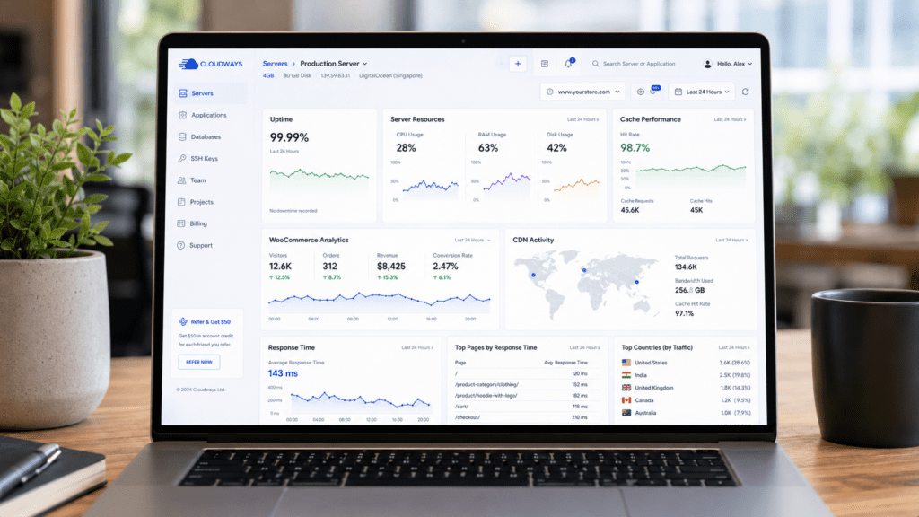 Cloudways hosting analytics dashboard with cache performance CDN activity and uptime monitoring