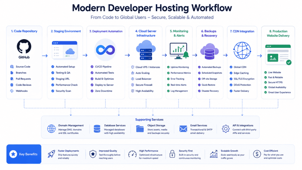 Modern developer hosting workflow from GitHub deployment automation to production website delivery