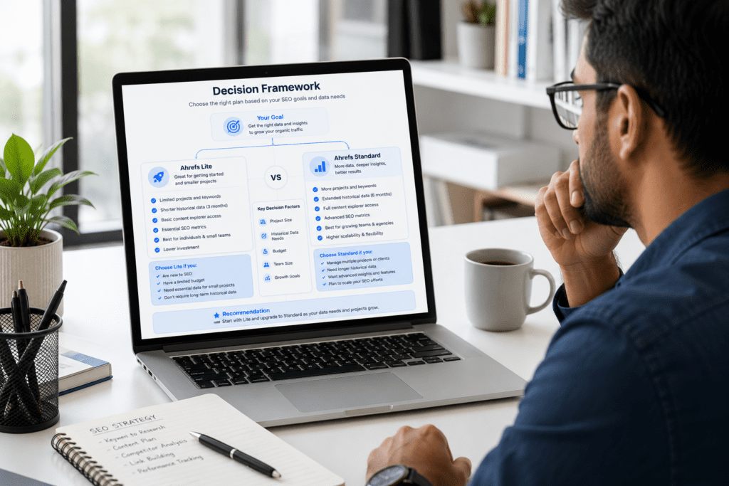 A professional making an informed decision between Ahrefs Lite and Standard plans, displayed on a laptop screen in a modern workspace.