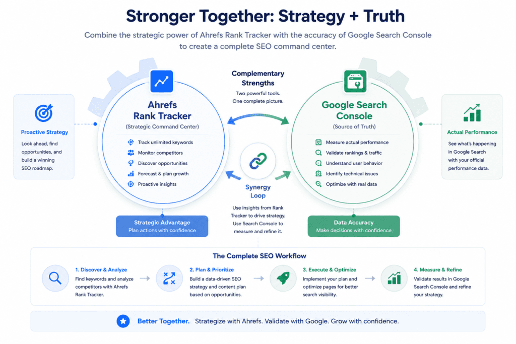 Infographic showing the synergistic relationship between Ahrefs Rank Tracker and Google Search Console for SEO.
