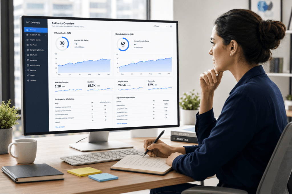 SEO strategist analyzing Ahrefs UR vs DR data for final recommendations.