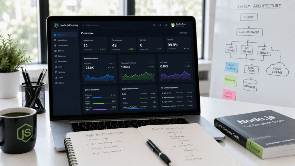 Node.js hosting management dashboard showing application performance monitoring and server analytics
