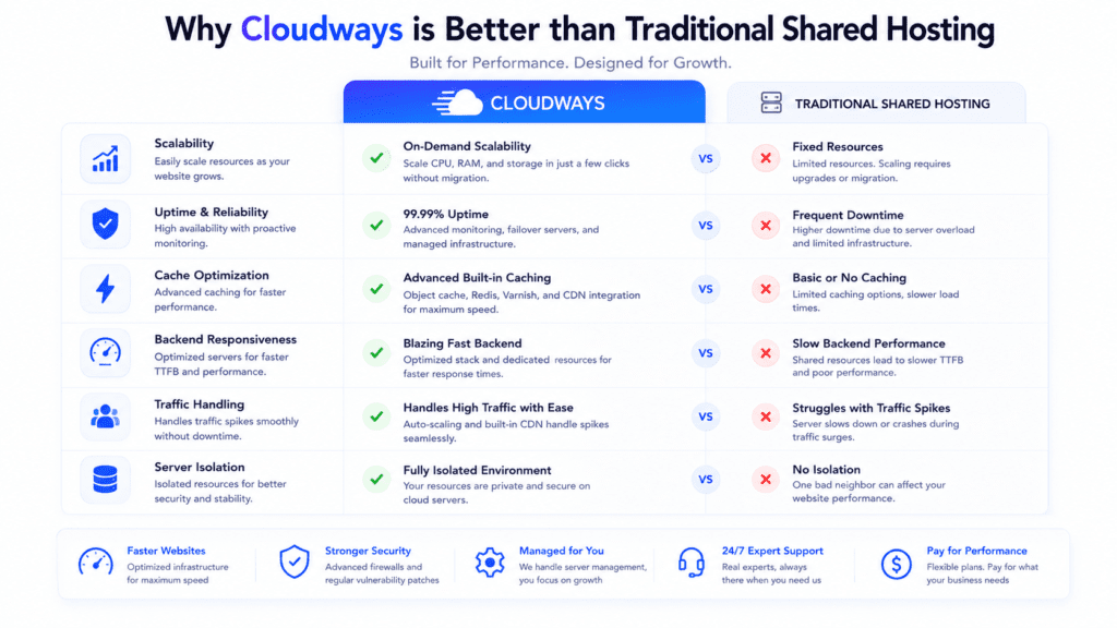 Cloudways vs traditional shared hosting comparison chart with performance and scalability benefits