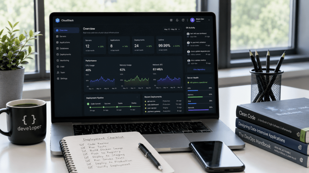 Cloud hosting dashboard showing deployment pipeline server health and application monitoring