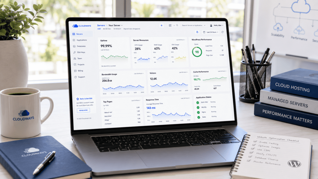 Cloudways hosting dashboard with WordPress optimization and server performance monitoring