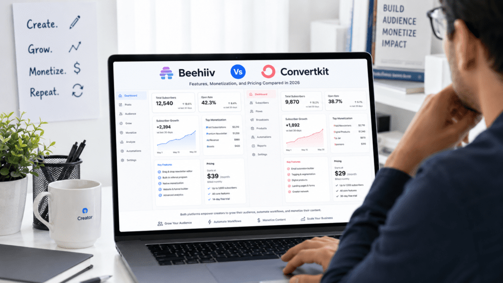 Beehiiv Vs Convertkit newsletter platform comparison in a modern workspace