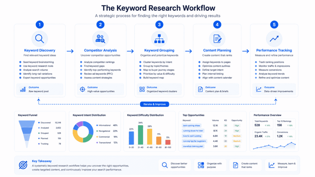 Keyword research workflow from discovery to content strategy execution
