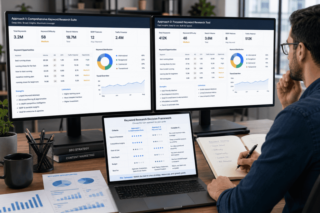 SEO professional evaluating keyword research platform options