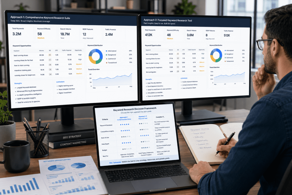 SEO professional evaluating keyword research platform options