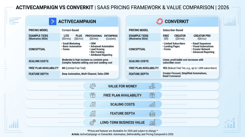 Activecampaign Vs Convertkit pricing and value comparison infographic