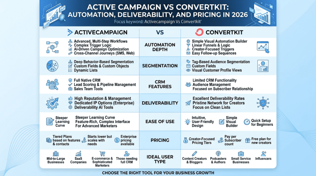 Activecampaign Vs Convertkit side-by-side comparison infographic