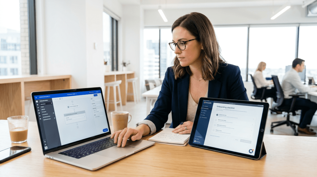 Marketing professional comparing Activecampaign Vs Convertkit setup experience