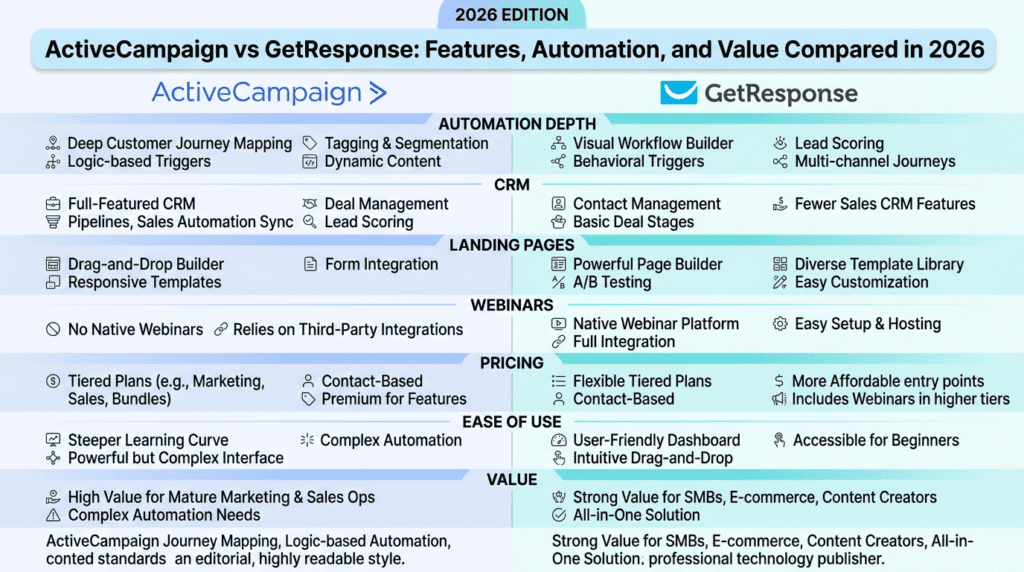 Activecampaign Vs Getresponse side by side comparison infographic
