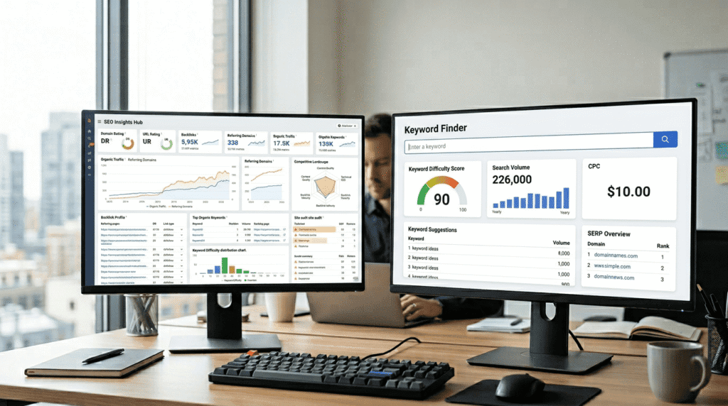 Comparison of Ahrefs Keyword Explorer vs Kwfinder SEO tools on dual monitors in a professional setting.
