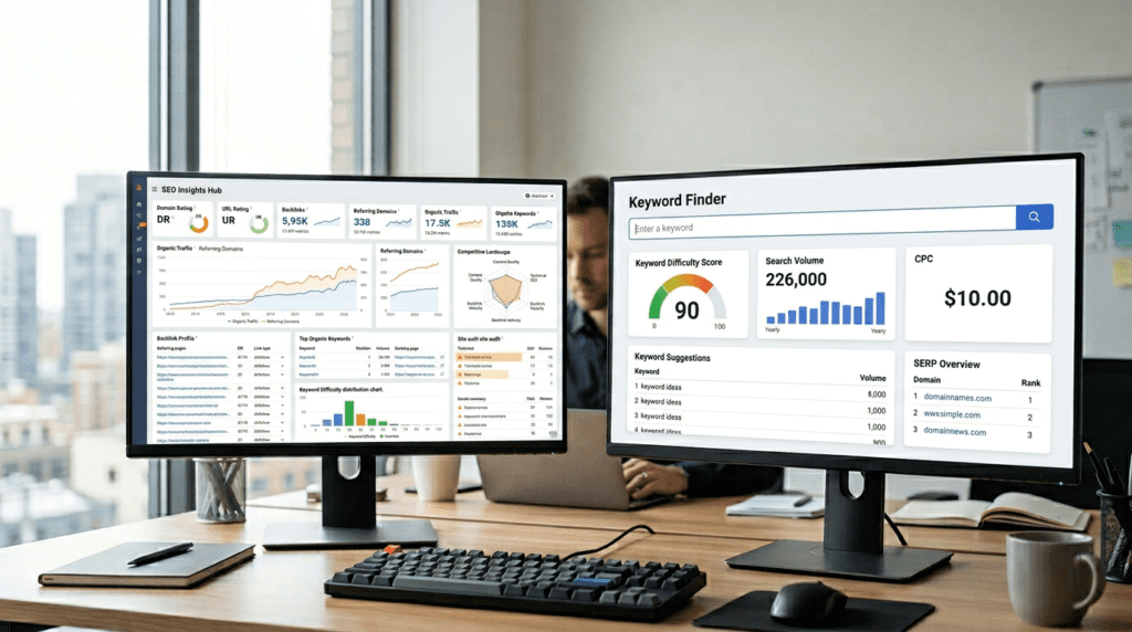 Comparison of Ahrefs Keyword Explorer vs Kwfinder SEO tools on dual monitors in a professional setting.