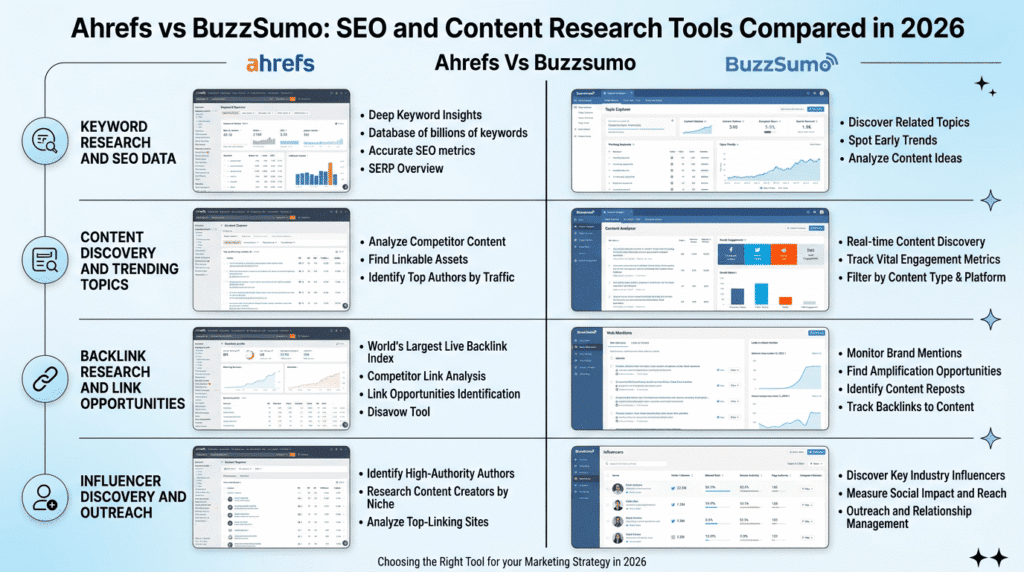 Ahrefs Vs Buzzsumo feature comparison for SEO and content research