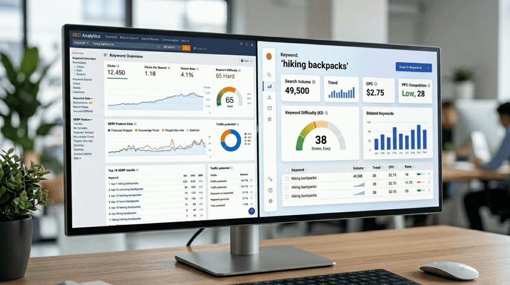 Comparison of data metrics in Ahrefs Keyword Explorer and KWFinder dashboards.