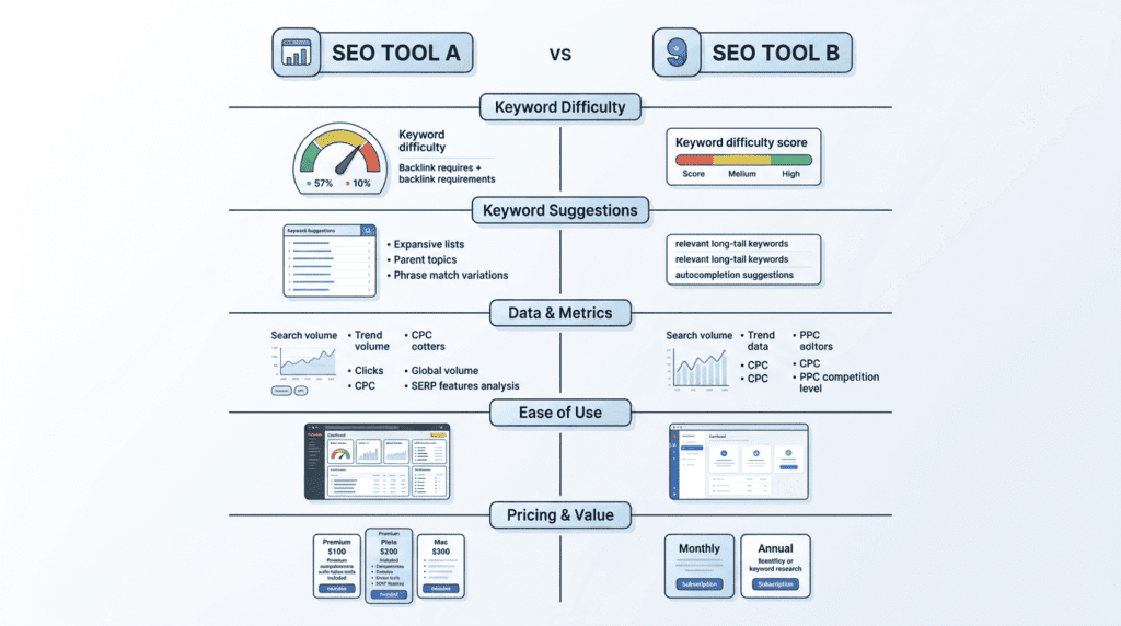 Infographic comparing Ahrefs Keyword Explorer and KWFinder features, data, ease of use, and pricing.